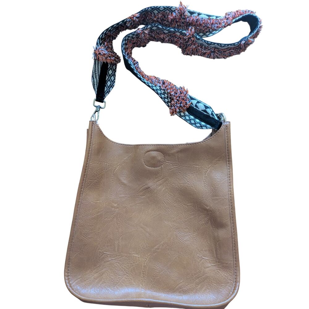 Anthropologie Vegan Brown Leather Purse with Boho Fringe Orange Black Strap EUC